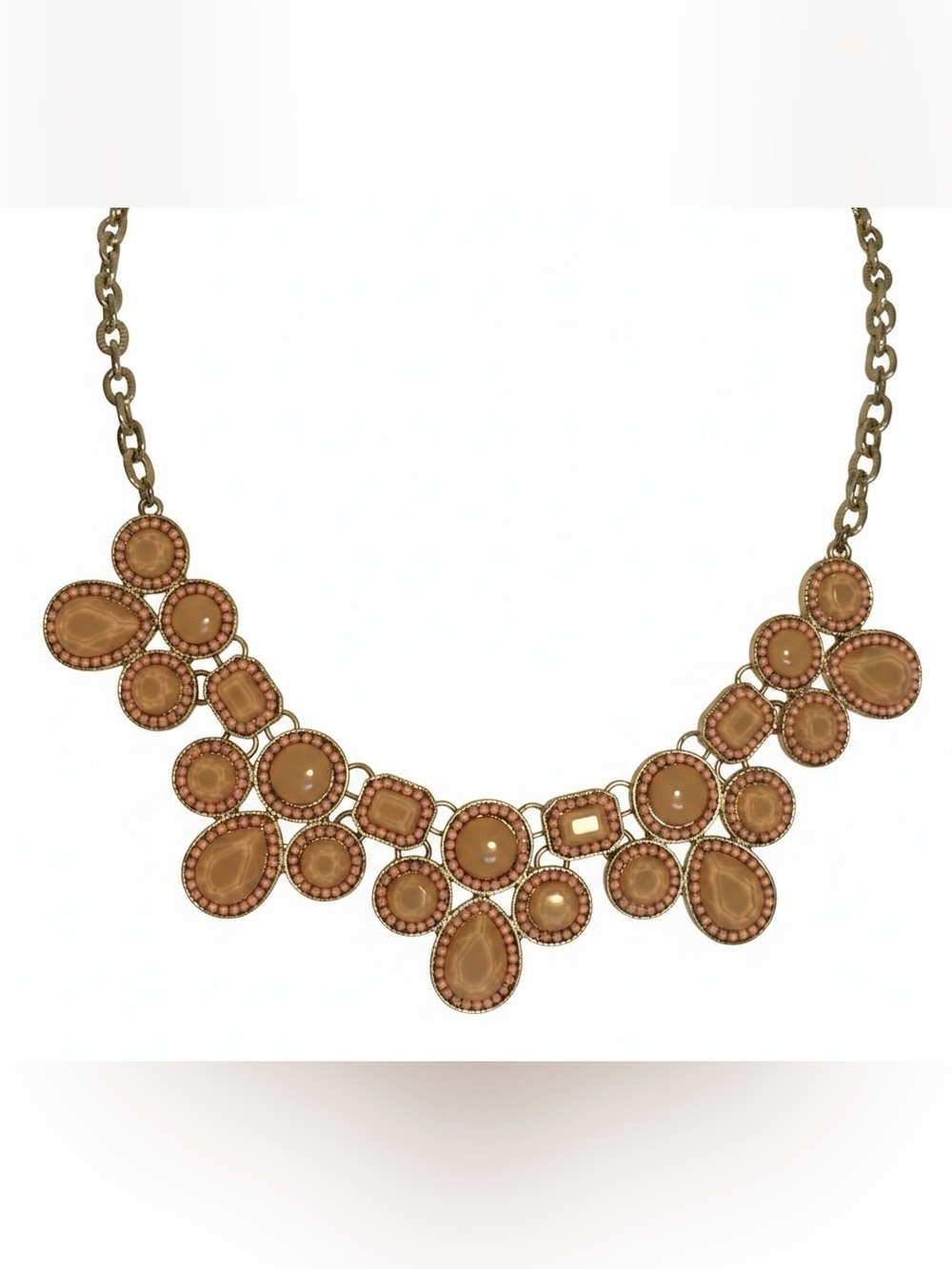 Peach Tan Statement Bib Necklace Gold Tone Faux Stone Beaded Adjustable 21” - Picture 4 of 11